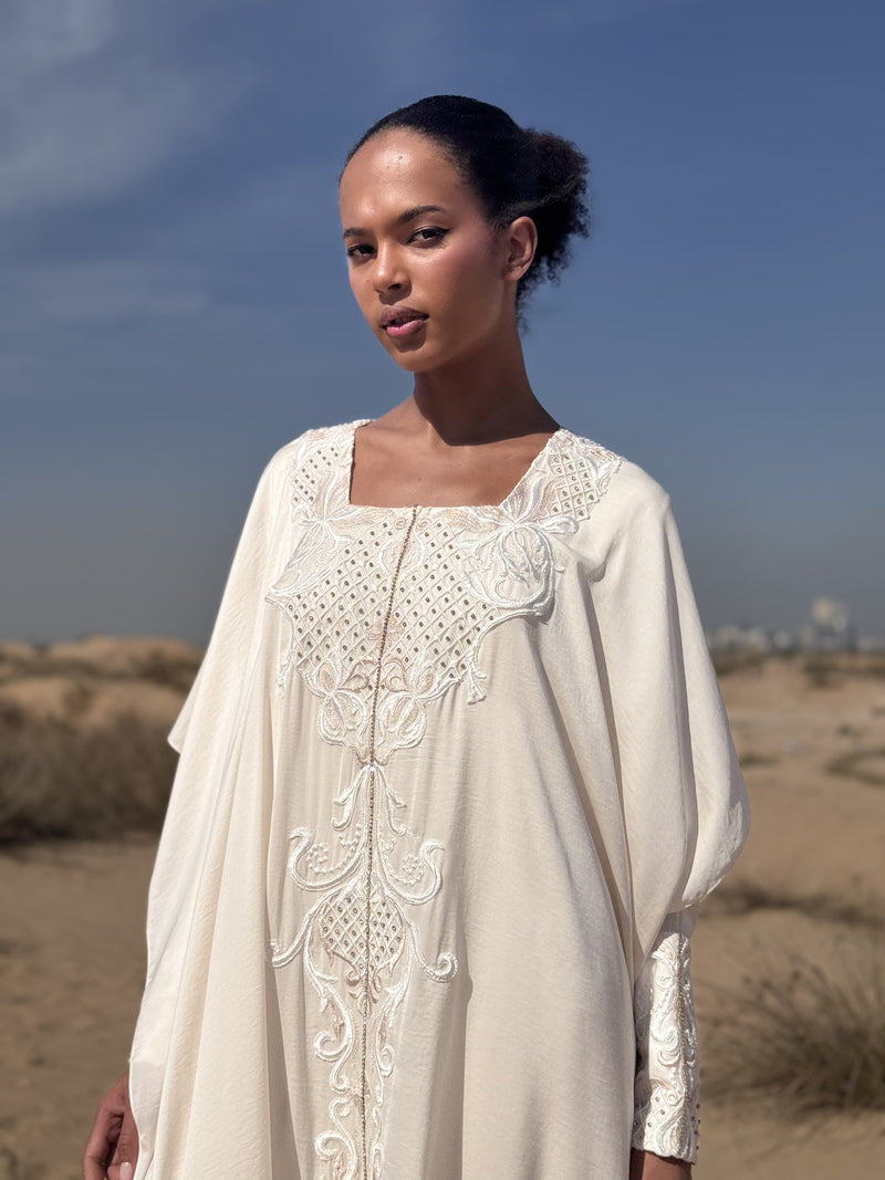 Box Neck Kaftan With White Floral Lace