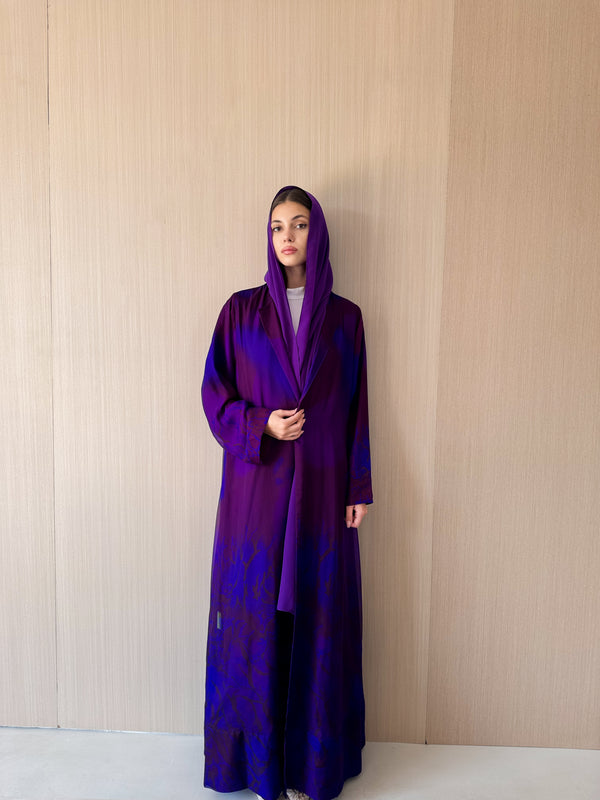 Round Neck a Line Abaya in Purple and Brown Printed soft Silk