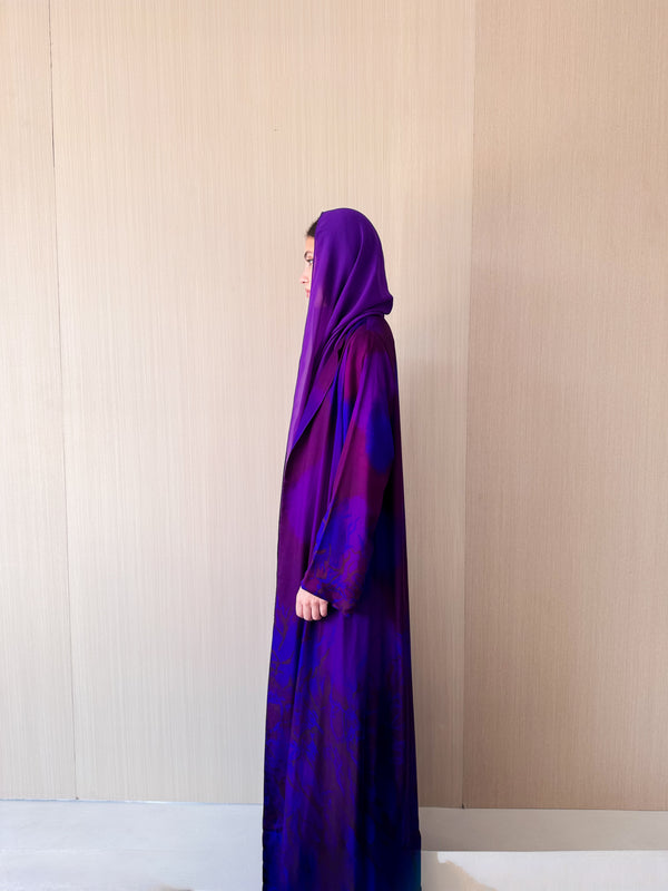 Round Neck a Line Abaya in Purple and Brown Printed soft Silk