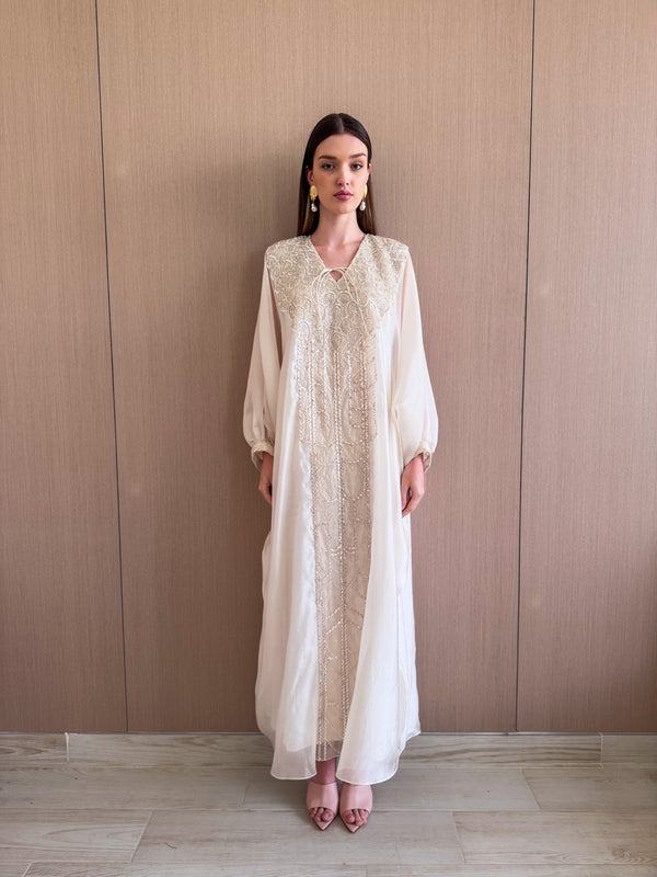 V neck kaftan with tie rope and lace on front