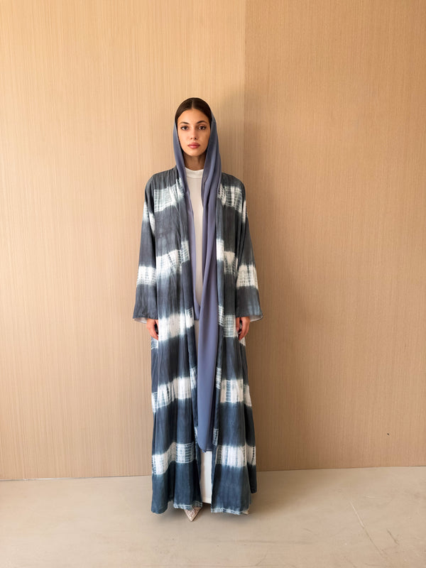 Zainah cut abaya in grey with off white printed stripe