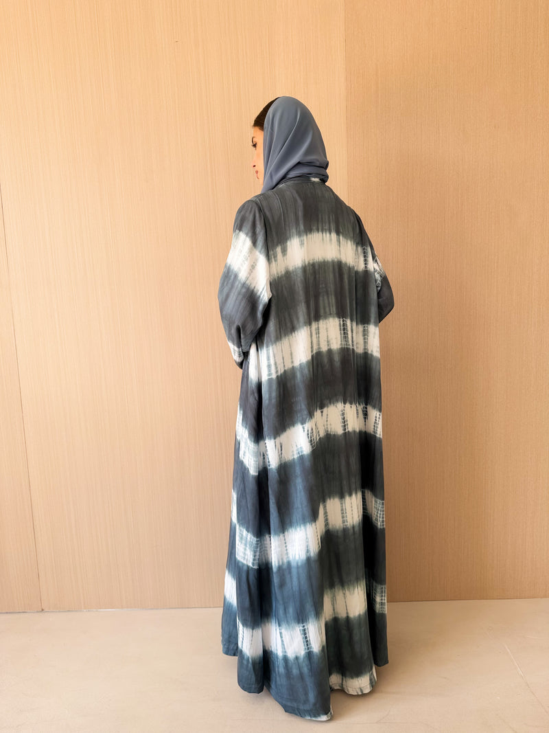 Zainah cut abaya in grey with off white printed stripe