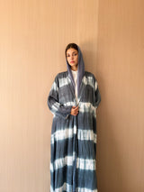 Zainah cut abaya in grey with off white printed stripe