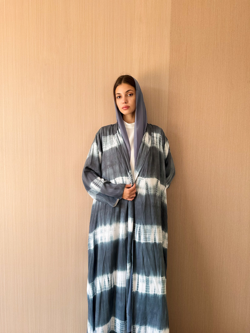 Zainah cut abaya in grey with off white printed stripe
