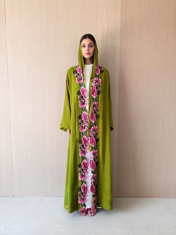 V Neck Straight Cut Abaya  Pink Mixed Color Flower Lace on Front