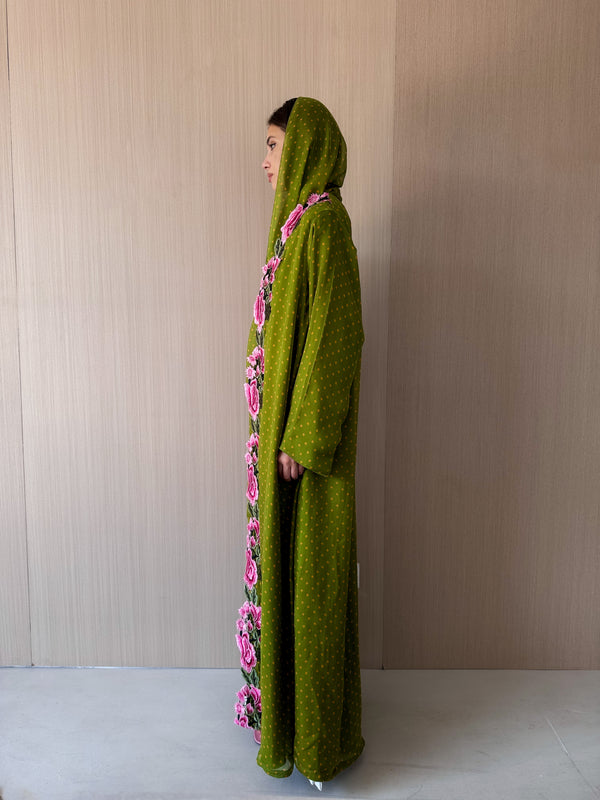 V Neck Straight Cut Abaya  Pink Mixed Color Flower Lace on Front