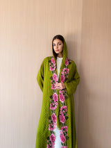 V Neck Straight Cut Abaya  Pink Mixed Color Flower Lace on Front