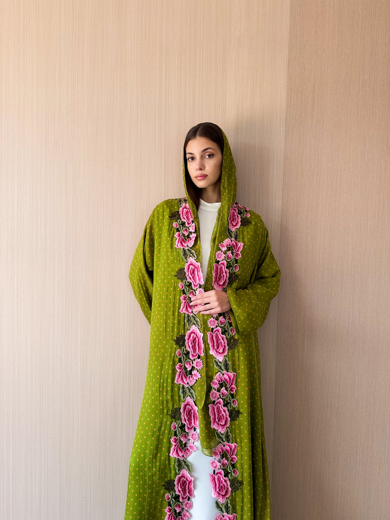 V Neck Straight Cut Abaya  Pink Mixed Color Flower Lace on Front
