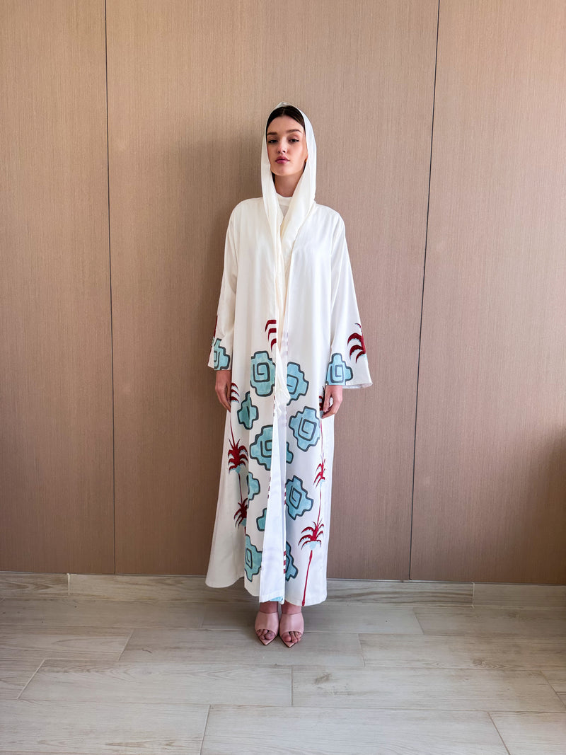 V High Neck Abaya new palm art work on sleeves and front