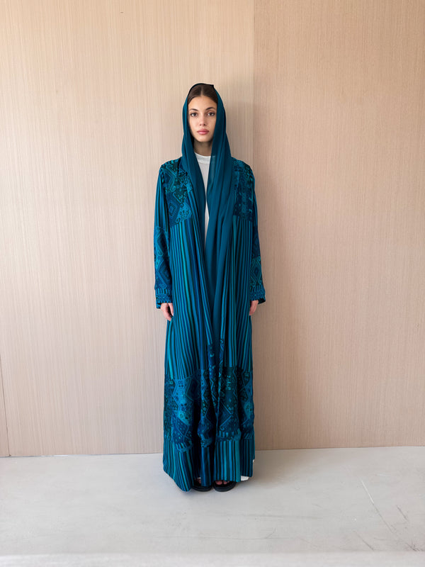 Zainah cut abaya in sea green with black stripe mix printed pure silk