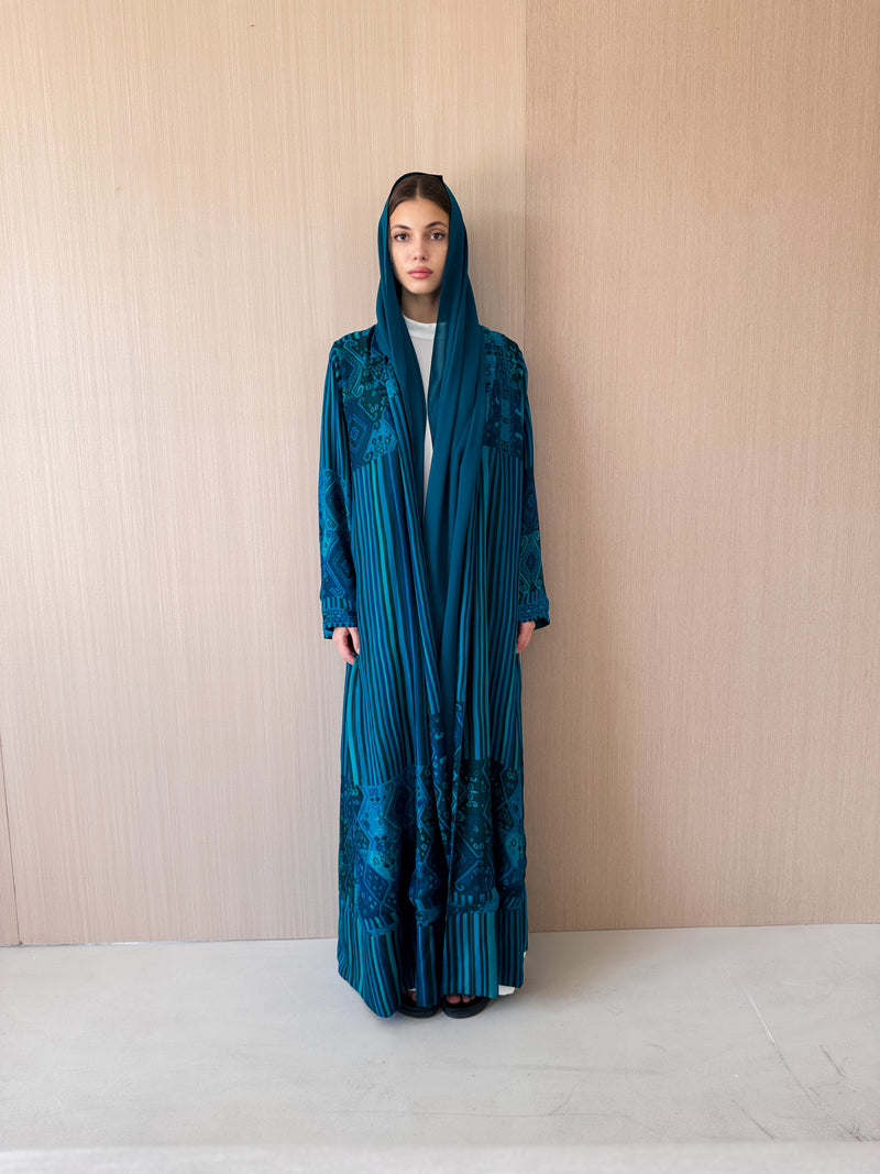 Zainah cut abaya in sea green with black stripe mix printed pure silk