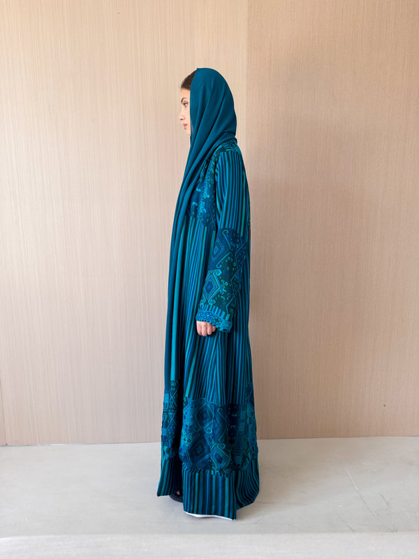 Zainah cut abaya in sea green with black stripe mix printed pure silk