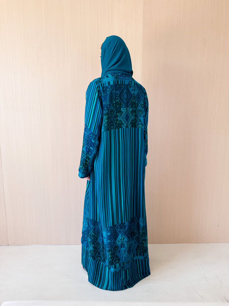 Zainah cut abaya in sea green with black stripe mix printed pure silk