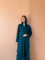 Zainah cut abaya in sea green with black stripe mix printed pure silk