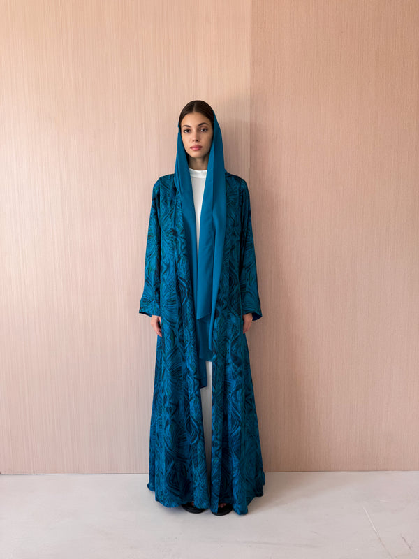 Zainah cut abaya in blue with green mixed printed leaf pure silk