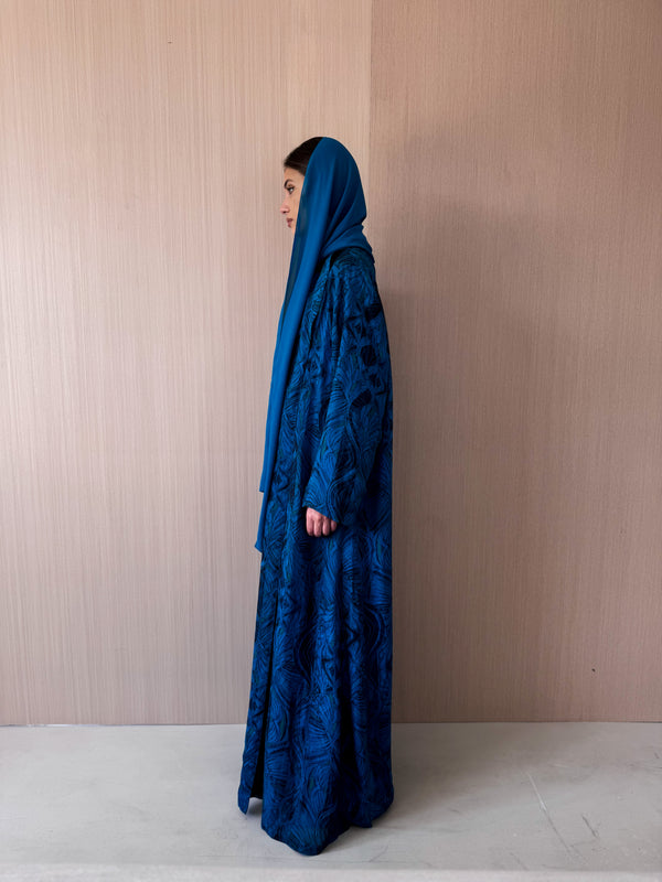Zainah cut abaya in blue with green mixed printed leaf pure silk
