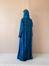 Zainah cut abaya in blue with green mixed printed leaf pure silk