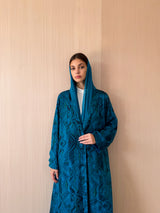 Zainah cut abaya in blue with green mixed printed leaf pure silk