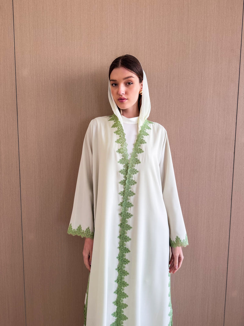 V neck Abaya - Curvy Lace on Front and Slide