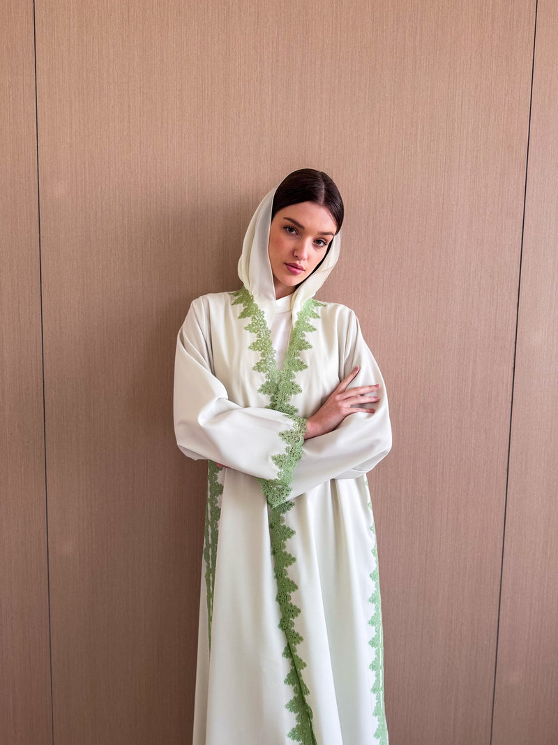 V neck Abaya - Curvy Lace on Front and Slide