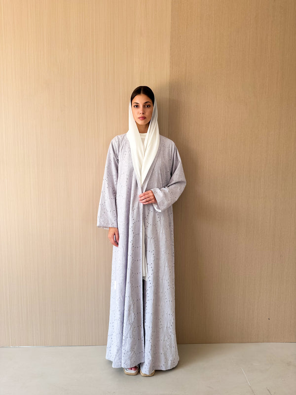 Zainah Cut Abaya - Light Grey Eyelet Cotton
