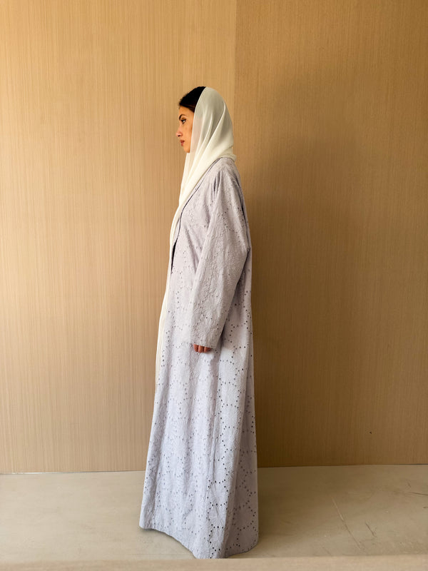Zainah Cut Abaya - Light Grey Eyelet Cotton