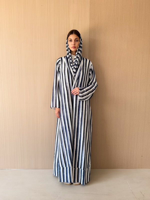 Zainah Cut Abaya in Black and White Stripe chiffon