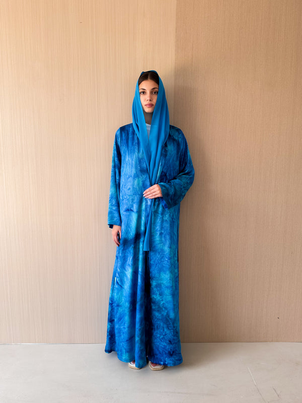 V Neck Abaya - Blue Mixed Color Crinkle Chiffon