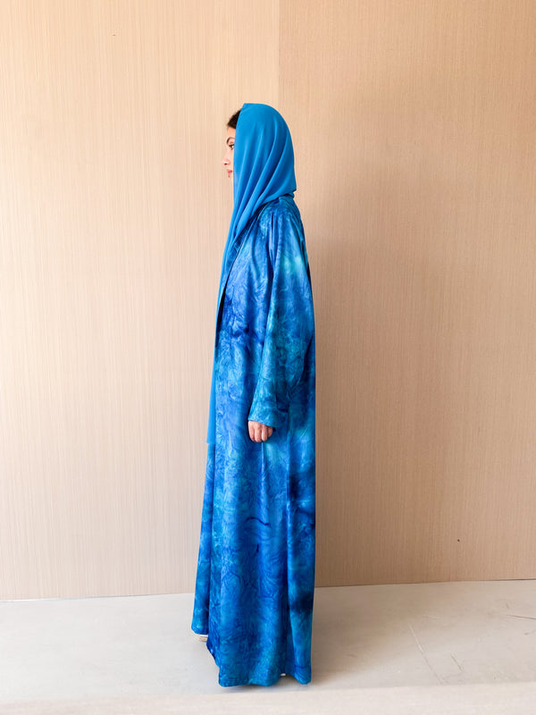 V Neck Abaya - Blue Mixed Color Crinkle Chiffon