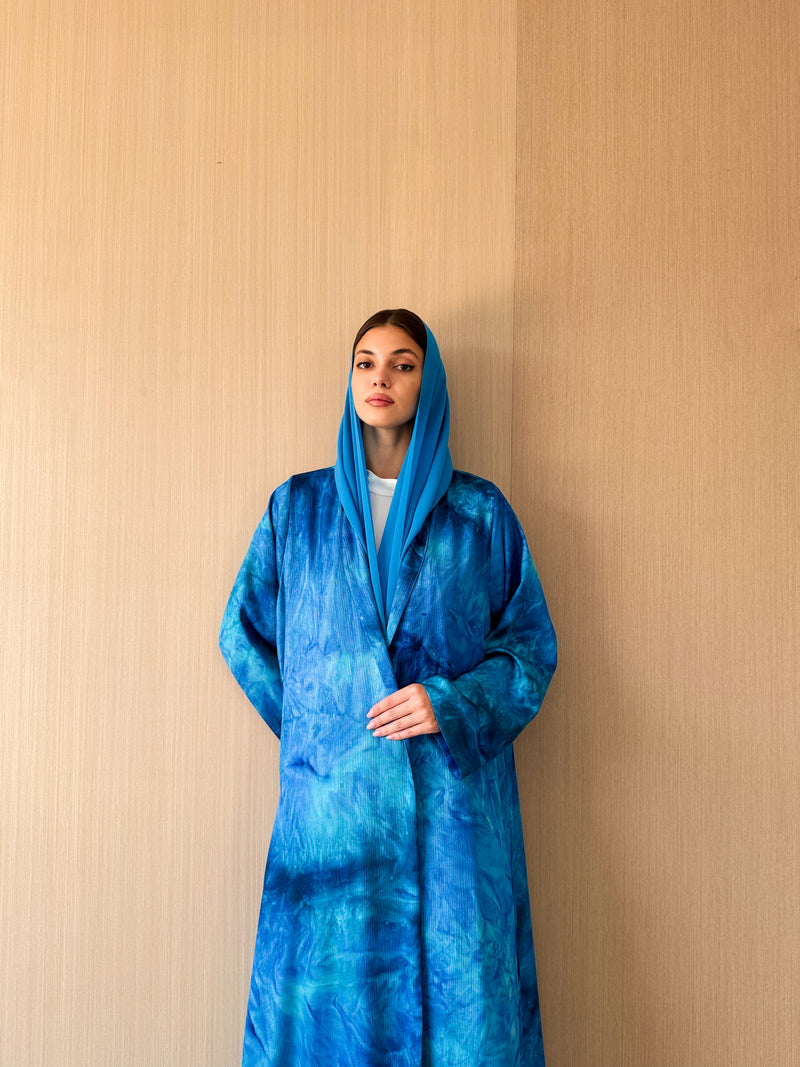 V Neck Abaya - Blue Mixed Color Crinkle Chiffon
