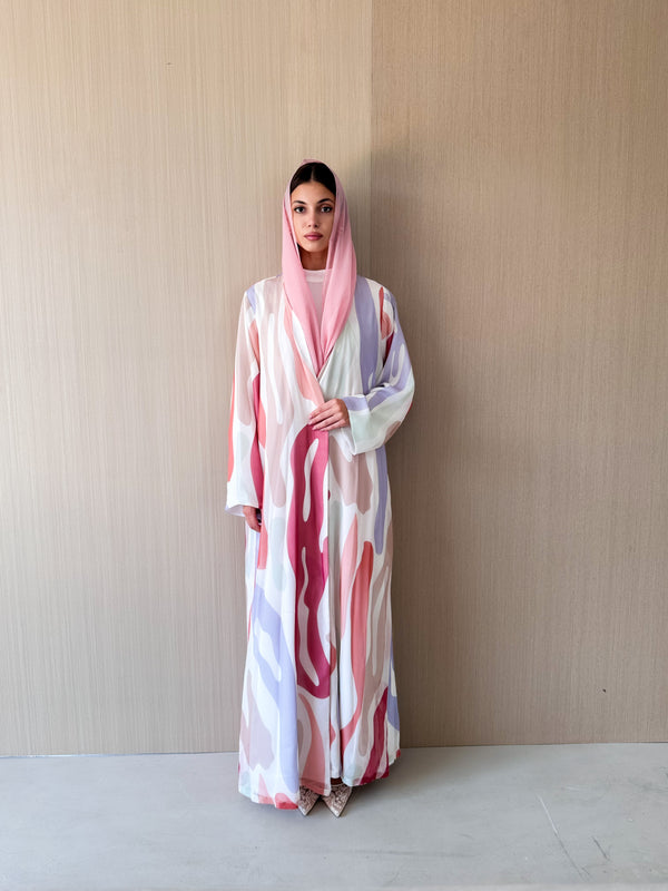 V neck abaya in off white mixed color Italian chiffon