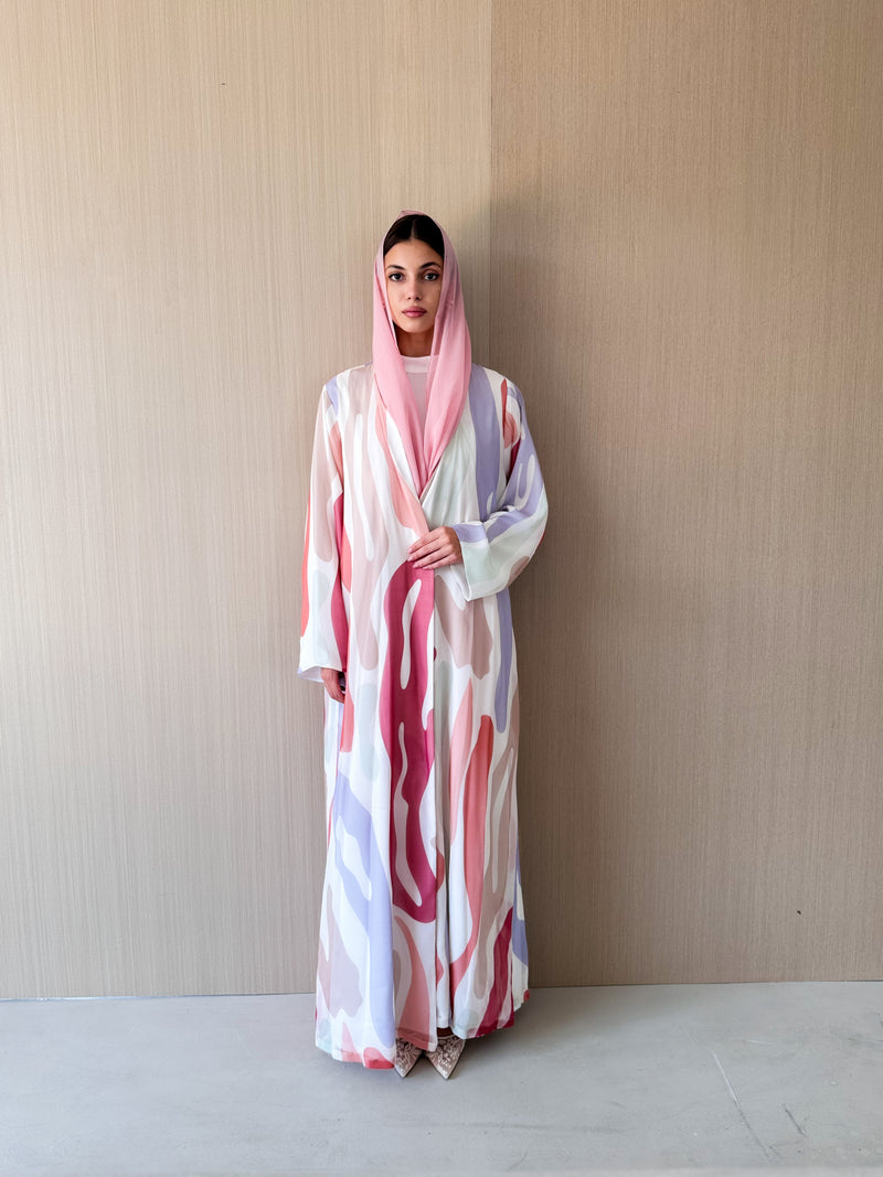 V neck abaya in off white mixed color Italian chiffon