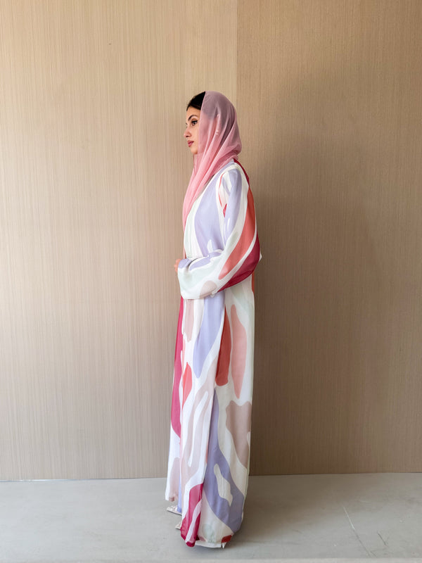V neck abaya in off white mixed color Italian chiffon