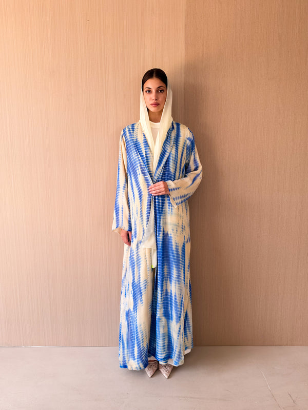 Zainah cut abaya in blue with yellow mixed printed
