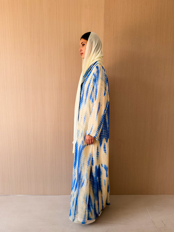 Zainah cut abaya in blue with yellow mixed printed