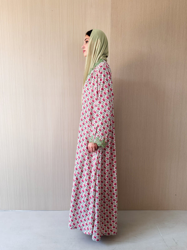V Neck Abaya - Dark Green Curvy Patch Lace