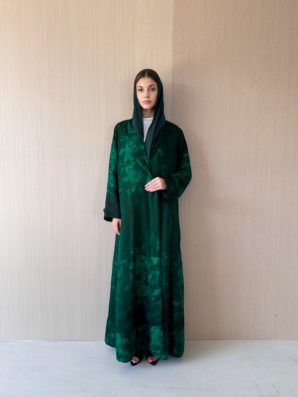 Zainah cut abaya in dark green flower printed pure silk