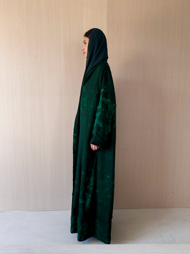 Zainah cut abaya in dark green flower printed pure silk