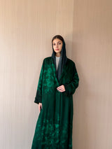 Zainah cut abaya in dark green flower printed pure silk