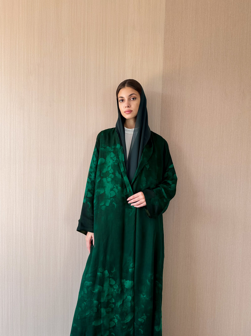 Zainah cut abaya in dark green flower printed pure silk