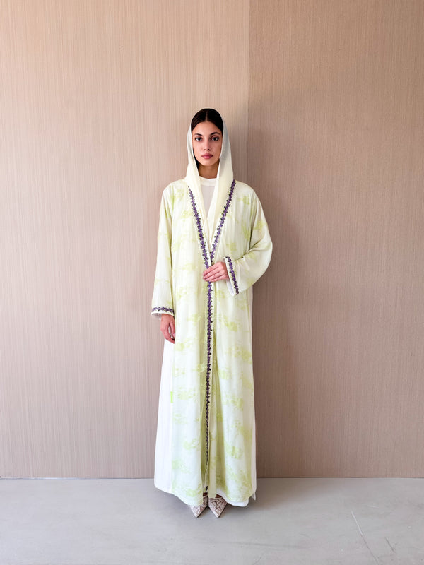 V neck abaya with purple lace on front and sleeves in Lime Green Tulle