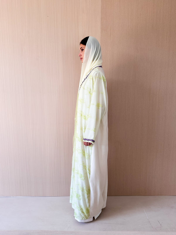 V neck abaya with purple lace on front and sleeves in Lime Green Tulle