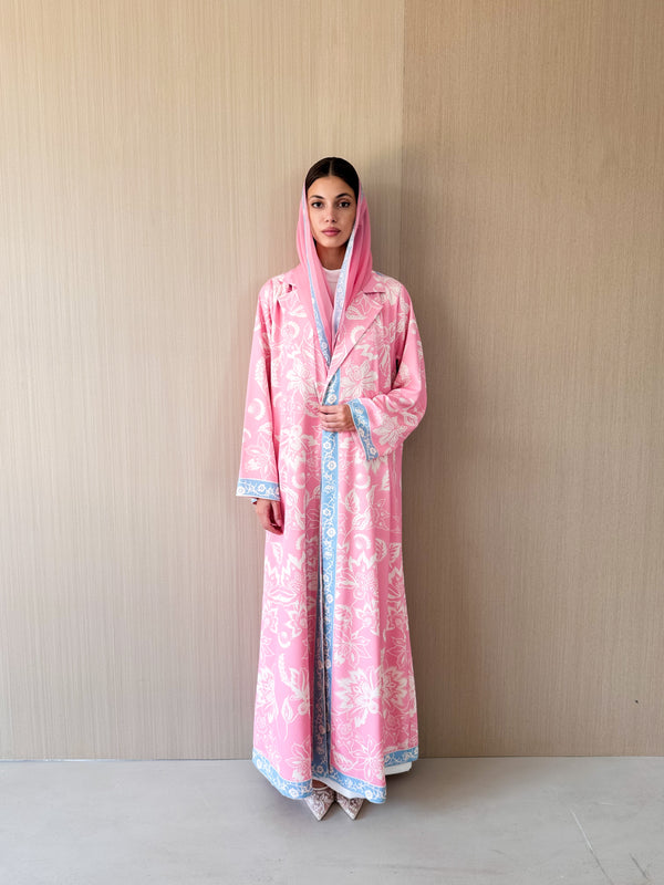 Notch Collar -Pink With Blue Digital Print - Cotton Silk