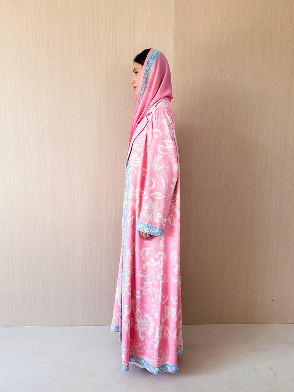 Notch Collar -Pink With Blue Digital Print - Cotton Silk