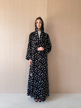 Zainah Cut Abaya - Black With Grey Polka Dots - Chiffon