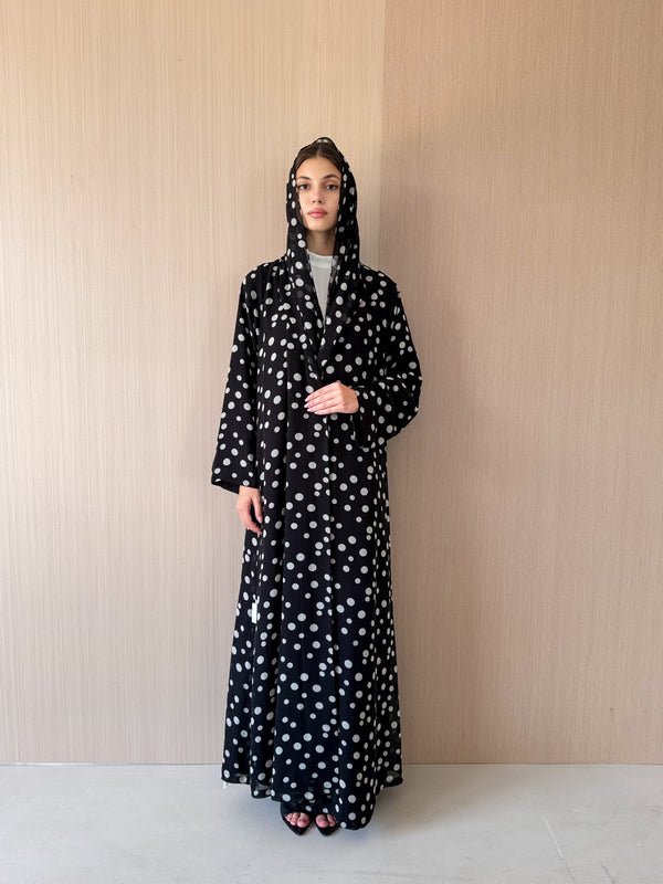 Zainah Cut Abaya - Black With Grey Polka Dots - Chiffon