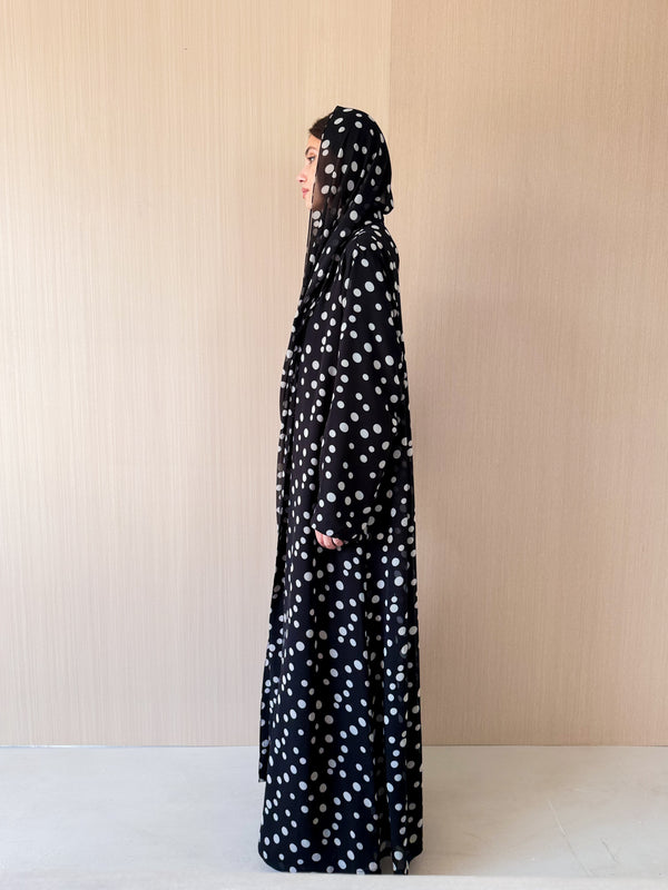 Zainah Cut Abaya - Black With Grey Polka Dots - Chiffon