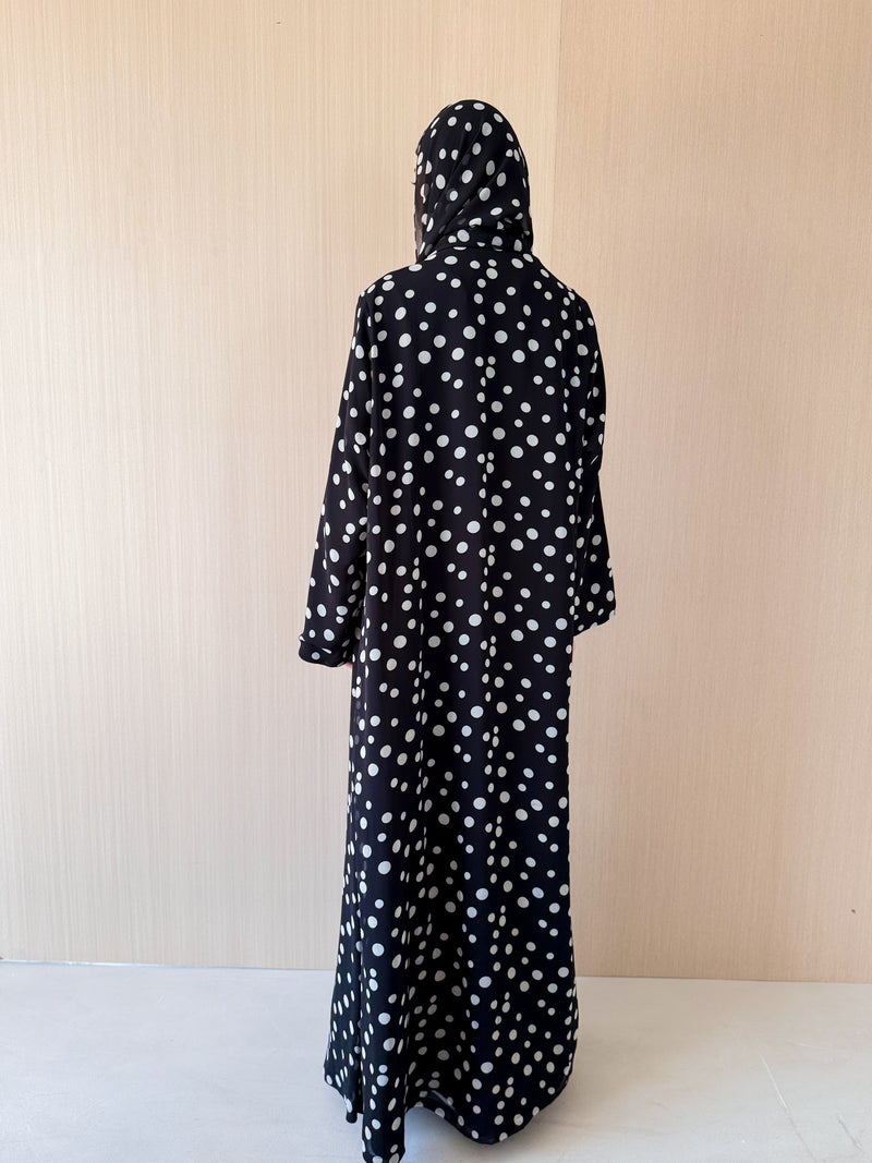 Zainah Cut Abaya - Black With Grey Polka Dots - Chiffon