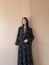 Zainah Cut Abaya - Black With Grey Polka Dots - Chiffon