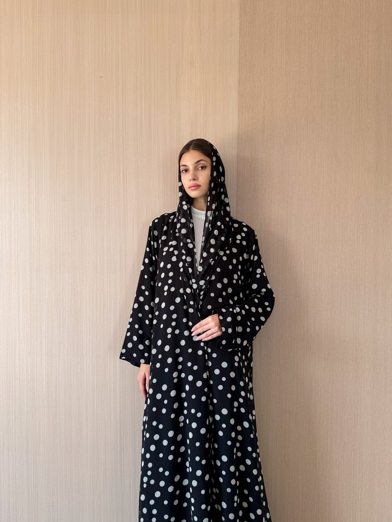 Zainah Cut Abaya - Black With Grey Polka Dots - Chiffon